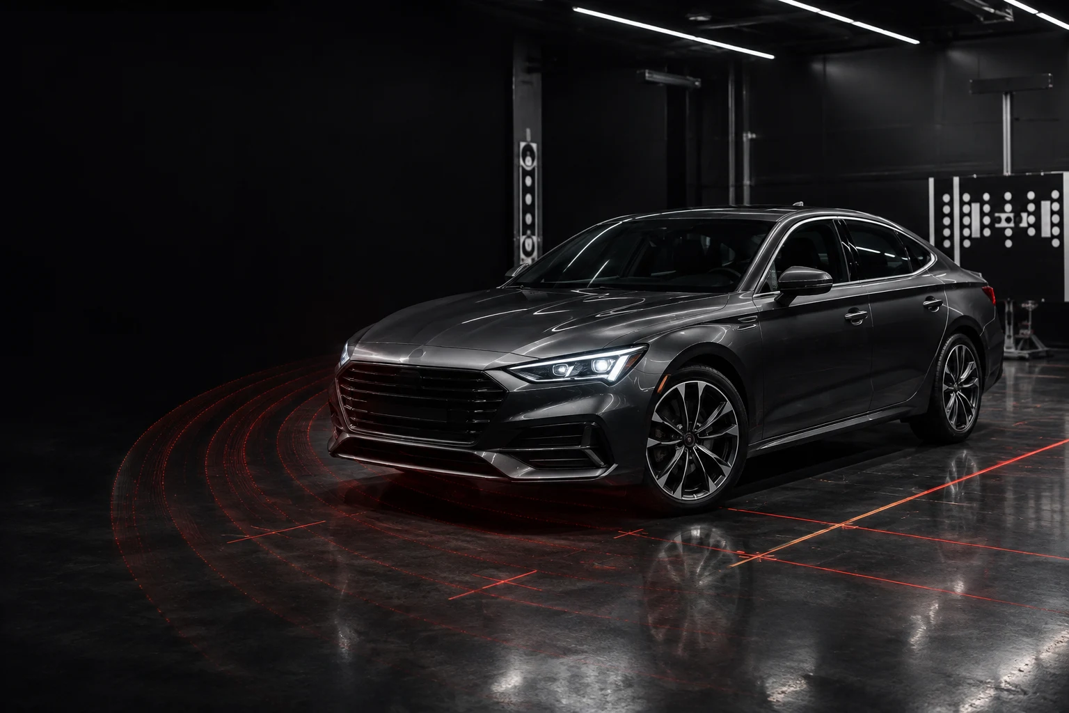 Vehicle in a dark calibration studio with red sensor visualization